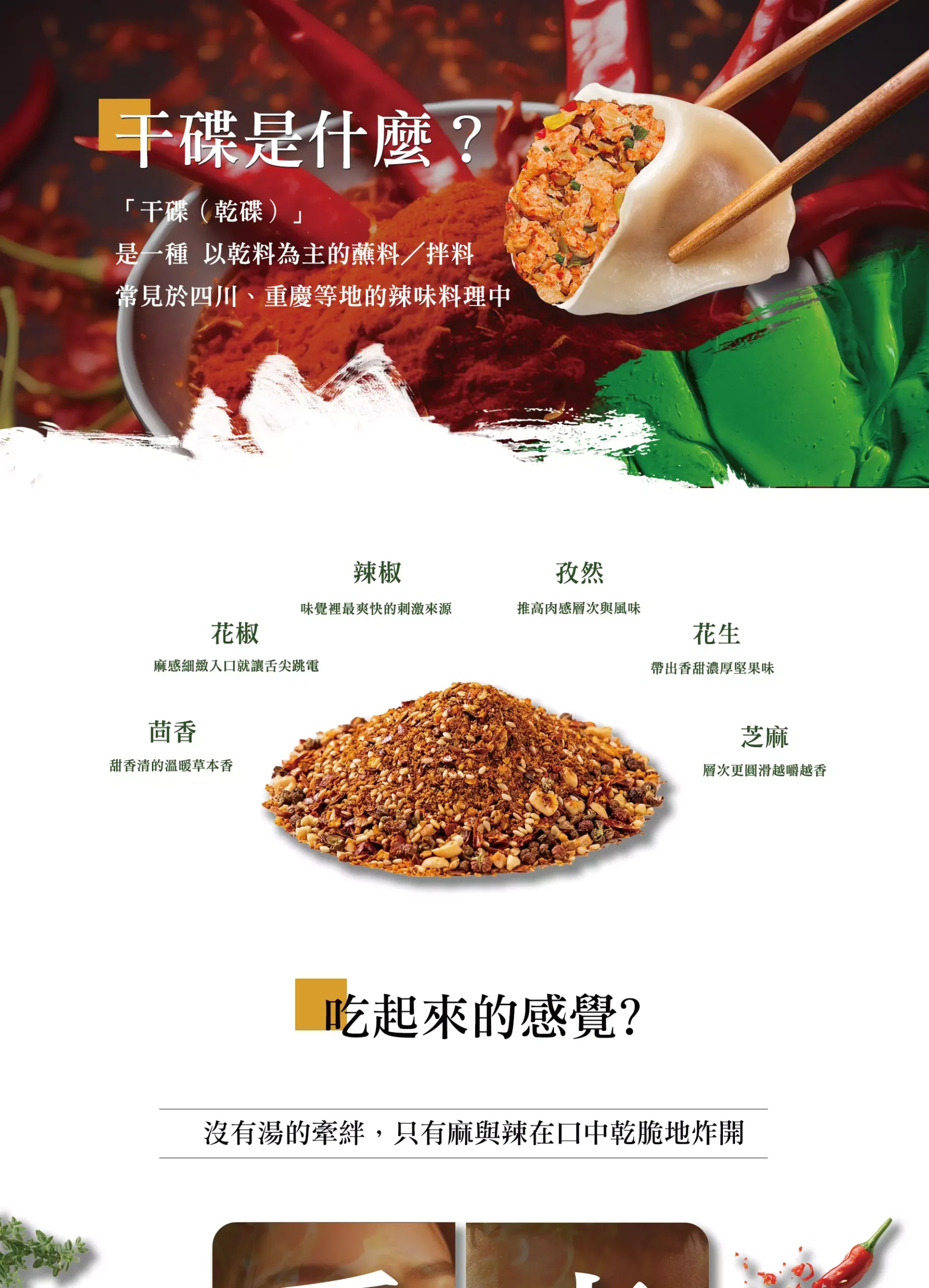 干碟調味粉介紹：花椒、辣椒、孜然、芝麻、花生、茴香等乾料組成的麻辣香料混合