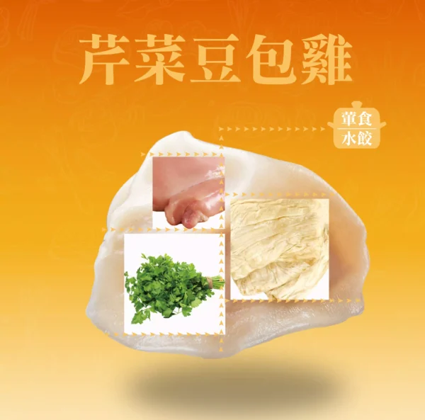 芹菜豆包雞肉水餃成分示意，芹菜、豆包、雞肉