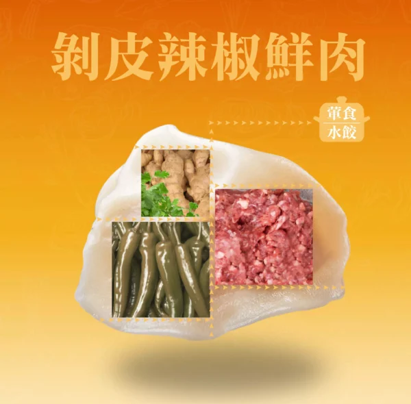 剝皮辣椒豬肉水餃成分示意，剝皮辣椒與豬肉