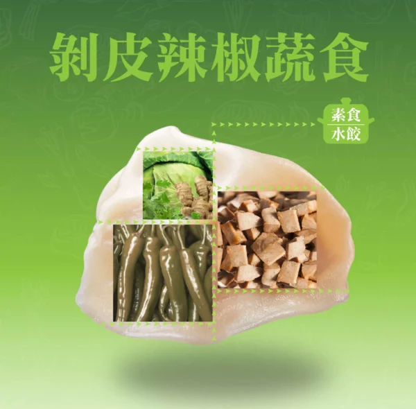 剝皮辣椒蔬食水餃成分示意，剝皮辣椒與蔬菜