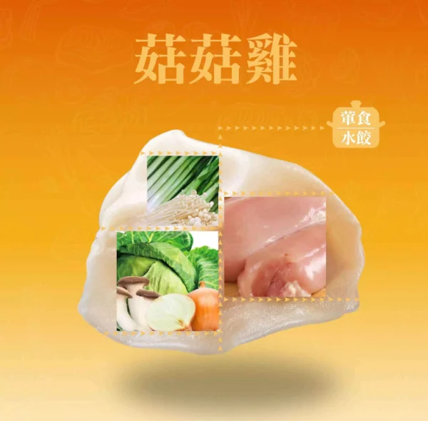 菇菇雞肉餃成分示意，杏鮑菇、金針菇與雞肉