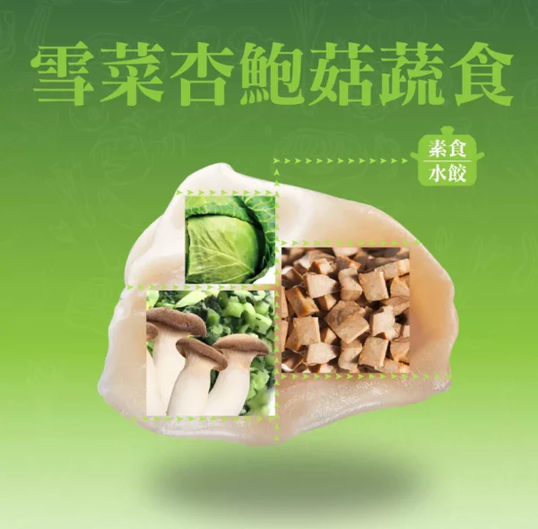 雪菜杏鮑菇蔬食水餃成分示意，雪菜、杏鮑菇