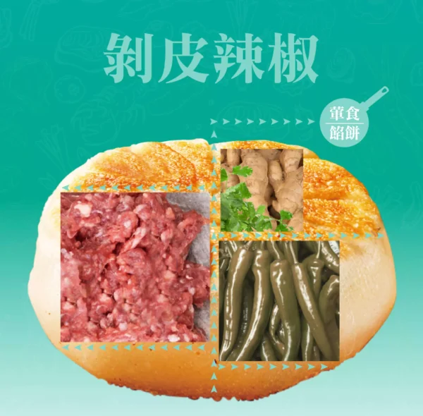 剝皮辣椒餡餅成分示意，剝皮辣椒、豬肉與麵皮