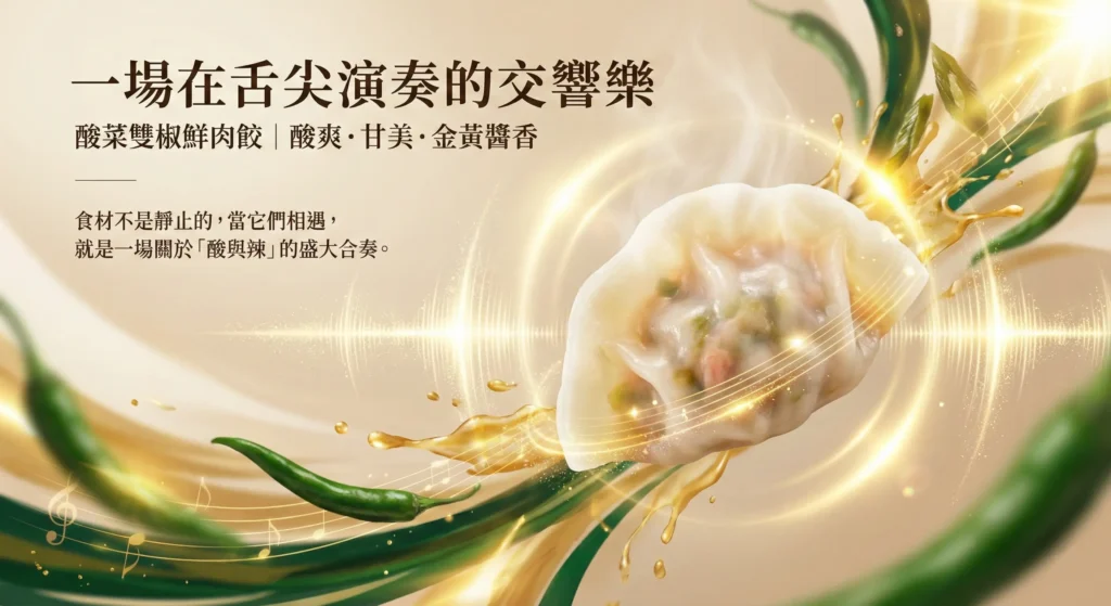 這是一系列「酸菜雙椒鮮肉餃」的圖片，主題為「一場在舌尖演奏的交響樂」。圖片內容包含產品主視覺、以「樂章」為概念呈現的食材（酸菜、泡椒、鮮肉餡料）特寫，以及烹飪過程的情境照，並結合音波、樂譜等音樂元素進行視覺設計。