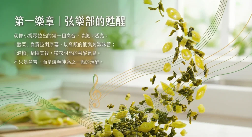 這是一系列鼎記-猿山鹿品牌「酸菜雙椒鮮肉餃」的圖片，主題為「一場在舌尖演奏的交響樂」。圖片內容包含產品主視覺、以「樂章」為概念呈現的食材（酸菜、泡椒、鮮肉餡料）特寫，以及烹飪過程的情境照，並結合音波、樂譜等音樂元素進行視覺設計。