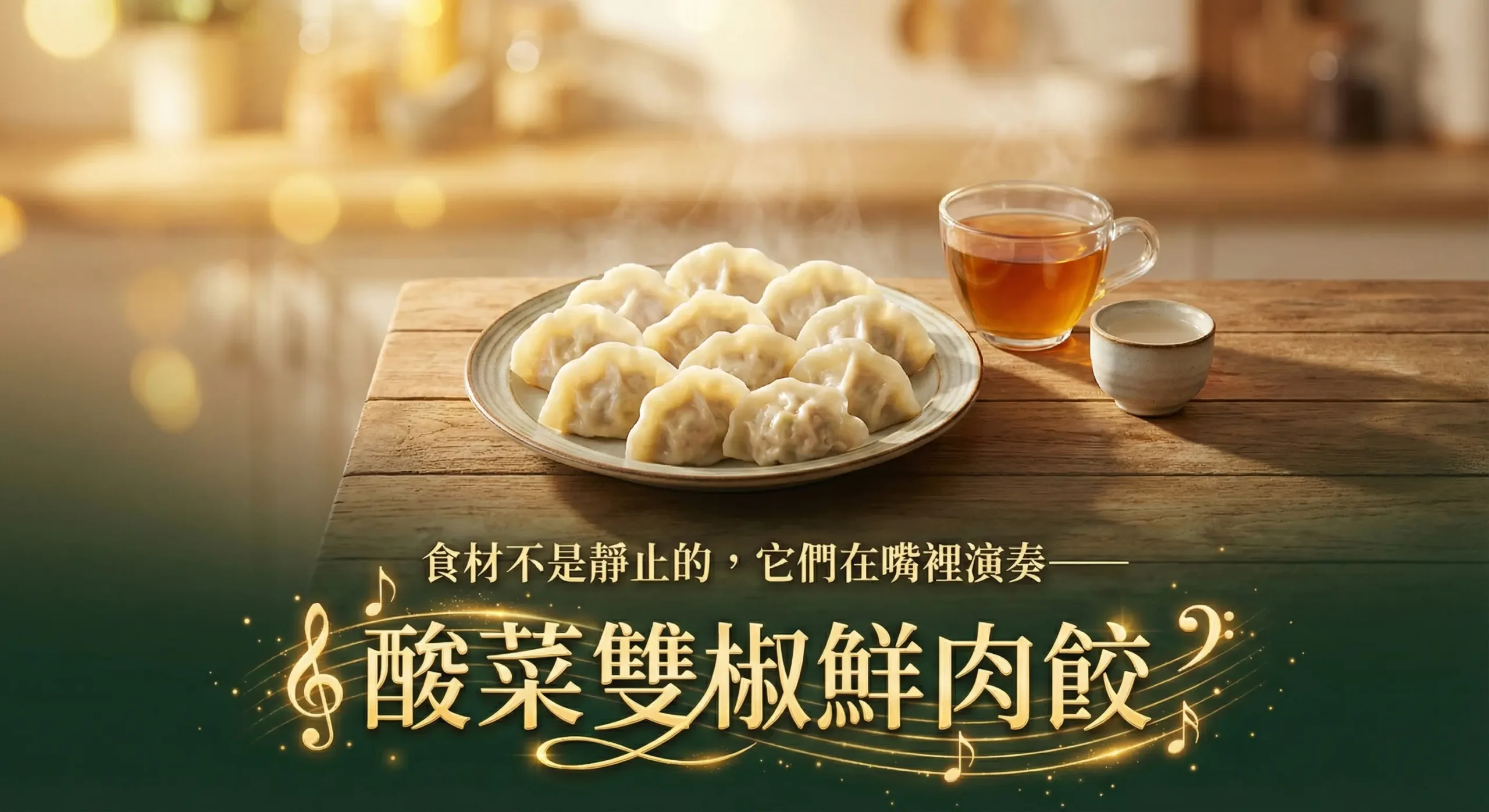 這是一系列鼎記-猿山鹿品牌「酸菜雙椒鮮肉餃」的圖片，主題為「一場在舌尖演奏的交響樂」。圖片內容包含產品主視覺、以「樂章」為概念呈現的食材（酸菜、泡椒、鮮肉餡料）特寫，以及烹飪過程的情境照，並結合音波、樂譜等音樂元素進行視覺設計。